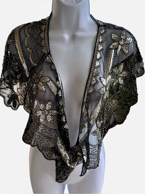Vintage Black Sheer Beaded Sequin Floral Shrug / Shawl / Top
